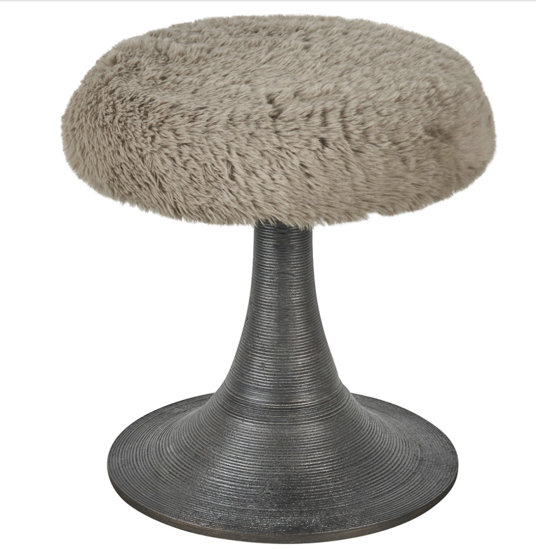 Furry Taupe Ottoman with Bronze Base