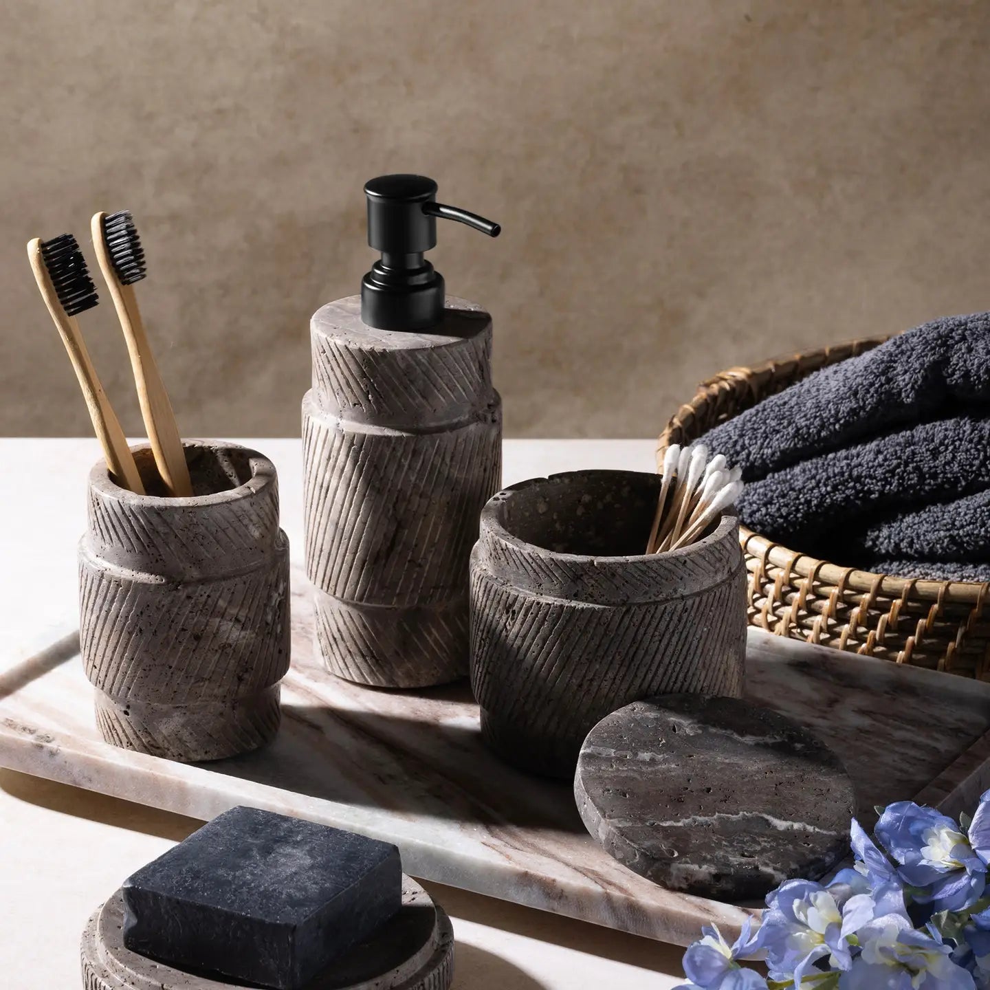 Grey Bath Accessories, Set of 4