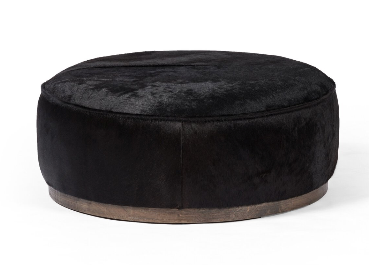 Black Hair on Hide Round Ottoman