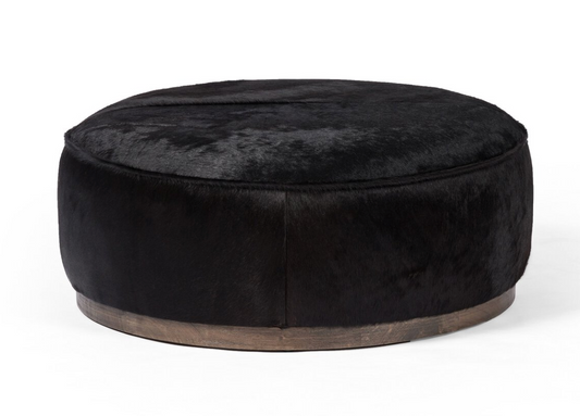 Black Hair on Hide Round Ottoman