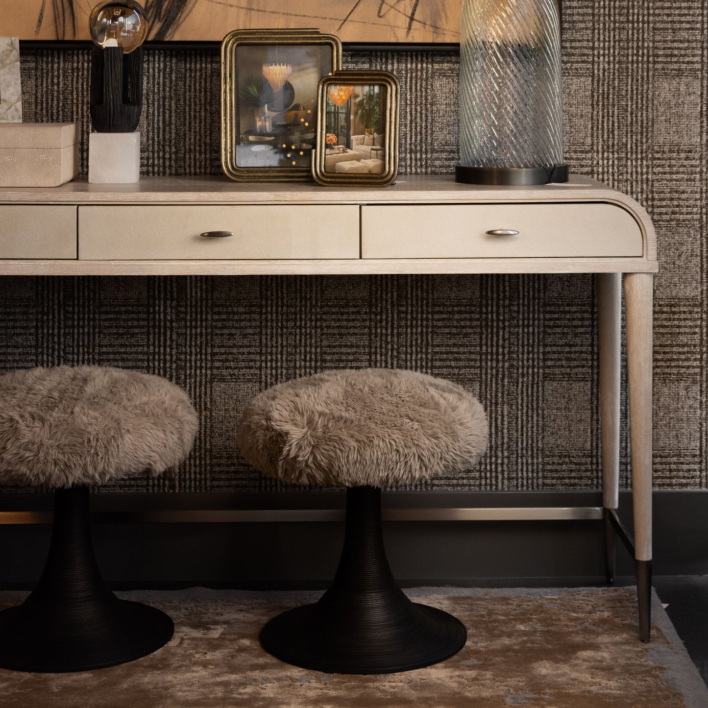 Furry Taupe Ottoman with Bronze Base