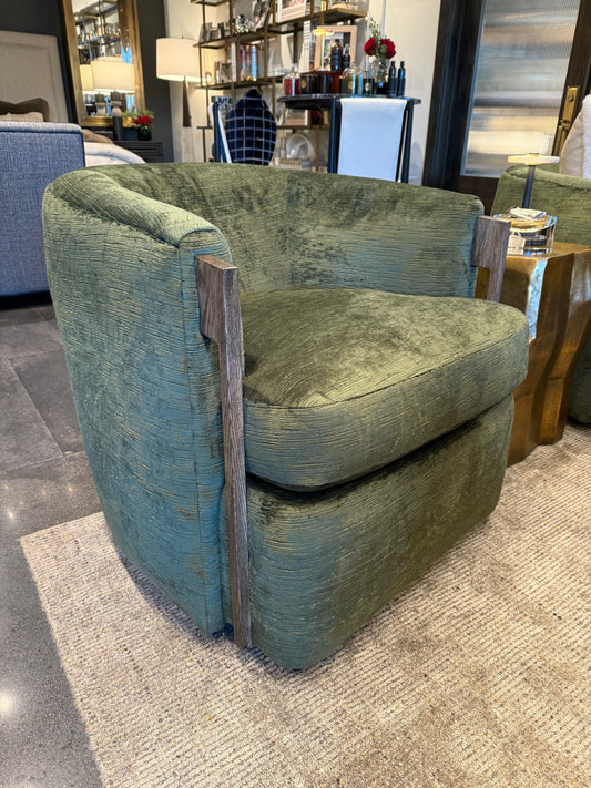 Green Velvet Swivel Chair with Wood Arms