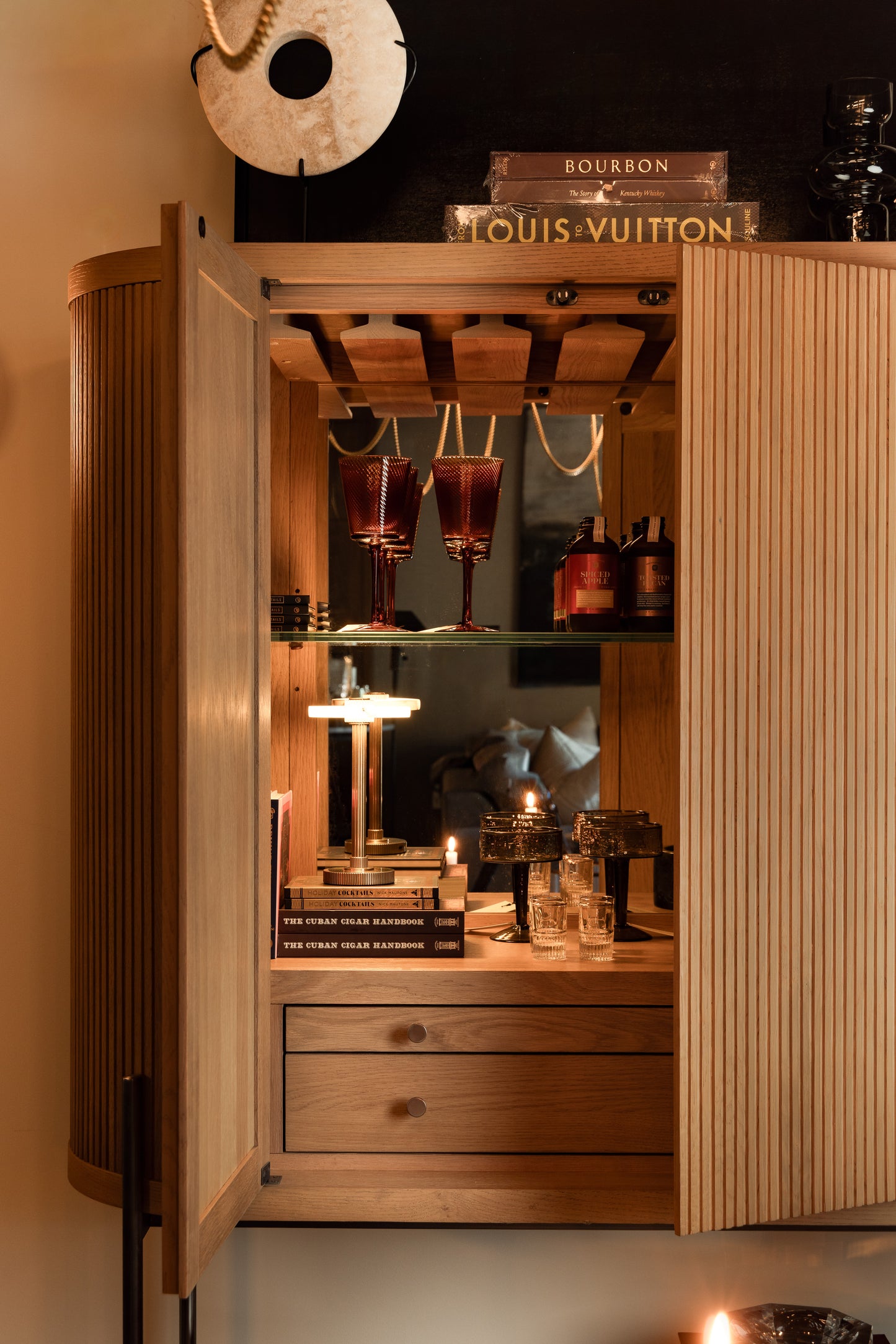 Fluted Natural Oak Bar Cabinet